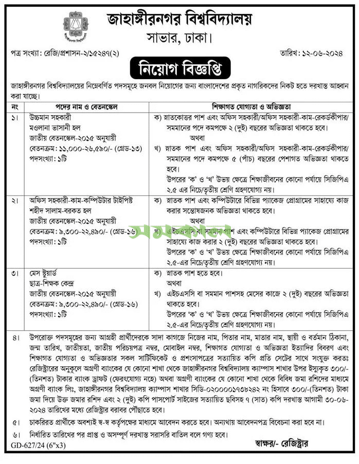 Jahangirnagar University Job Circular