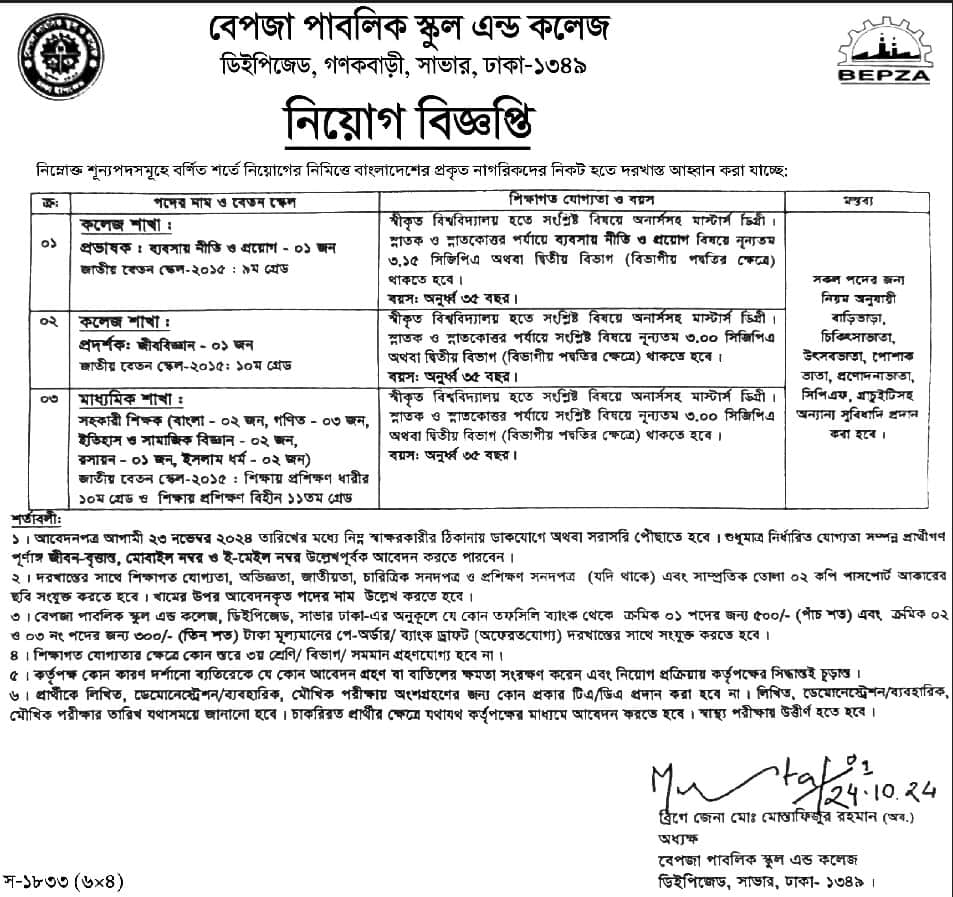 BEPZA Public School & College Job Circular