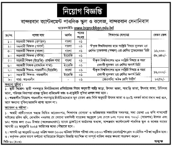 Bandarban Cantonment Public School And College Job Circular