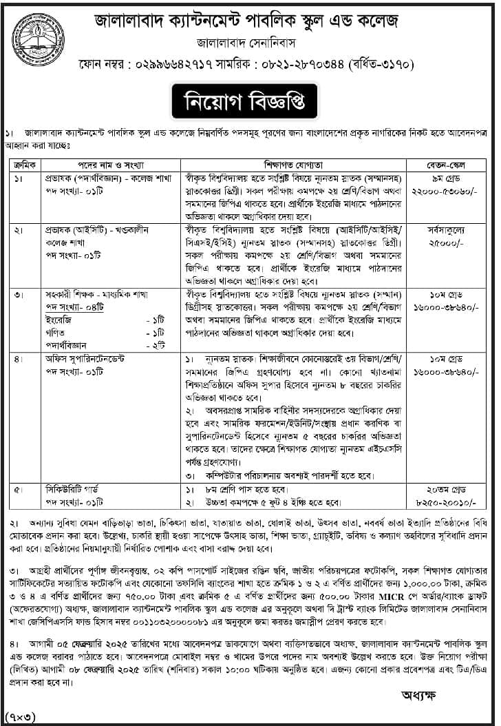 Jalalabad Cantonment Public School and College Job Circular