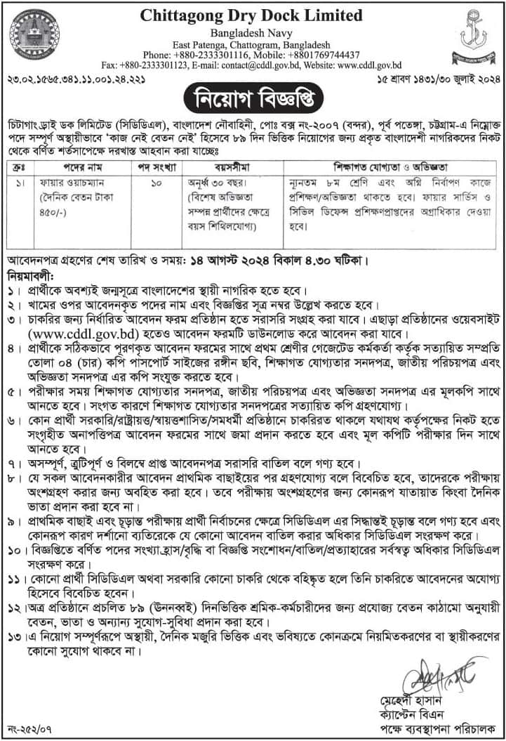 Chittagong Dry Dock Ltd Job Circular