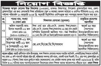 Bijeswar Abdul Monem High School Job Circular 