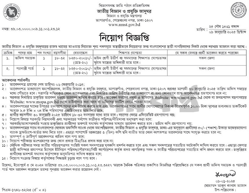 National Museum of Science and Technology Job circular