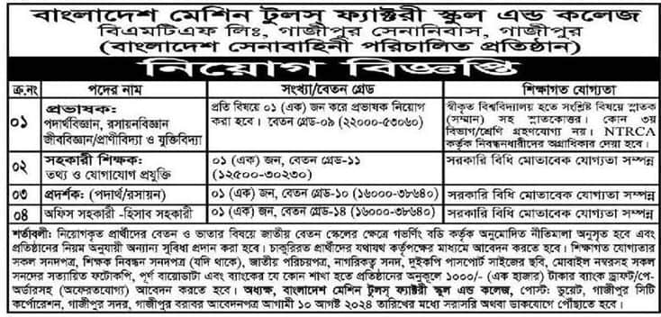 Bangladesh Machine Tools Factory School And College Job Circular 