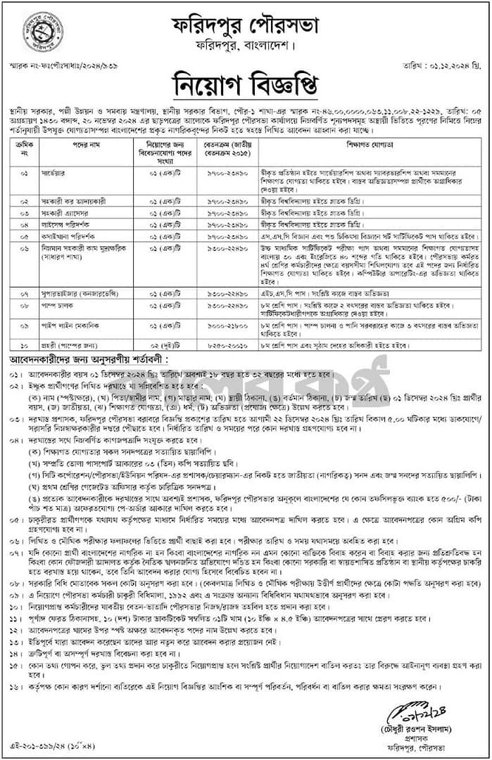 Faridpur Municipality Job Circular