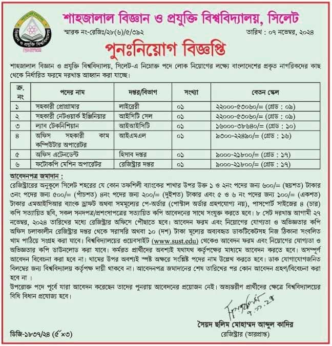 Shahjalal University of Science and Technology Job Circular