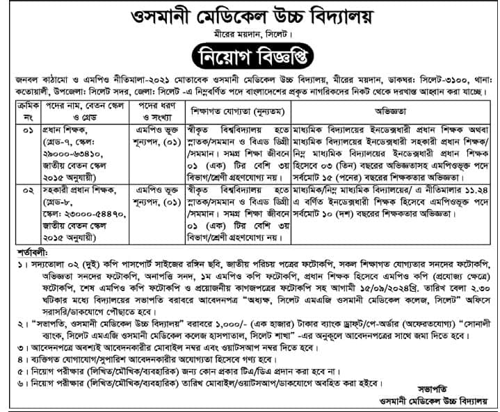 Osmani Medical High School Job Circular 