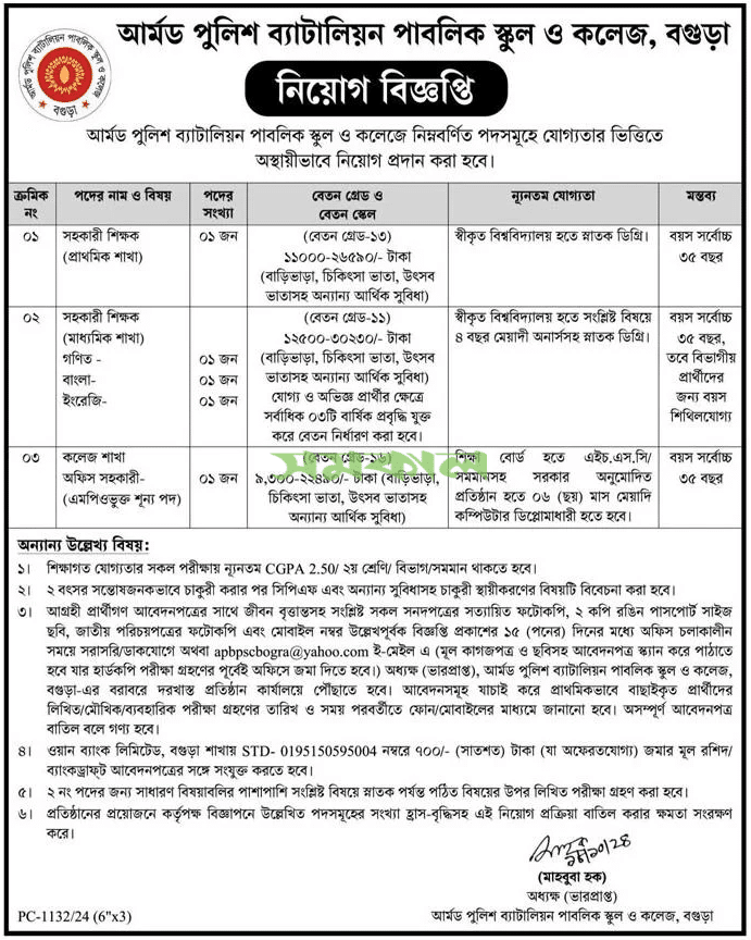 Armed Police Battalion Public School And College Bogura Job Circular