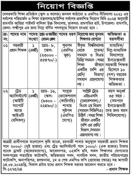 Ramgati Achia Pilot Girls High School Job Circular 