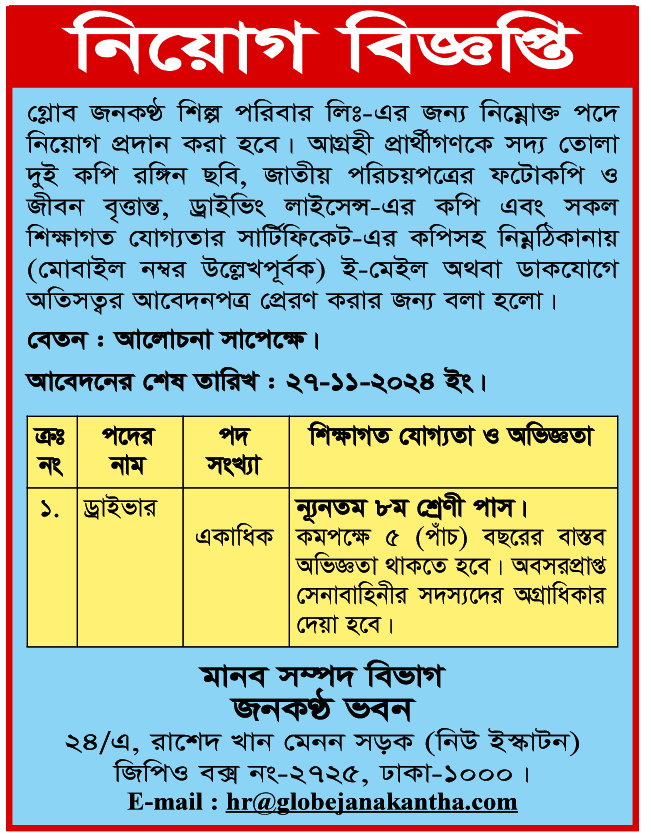 Globe Janakantha Shilpa Paribar Job Circular