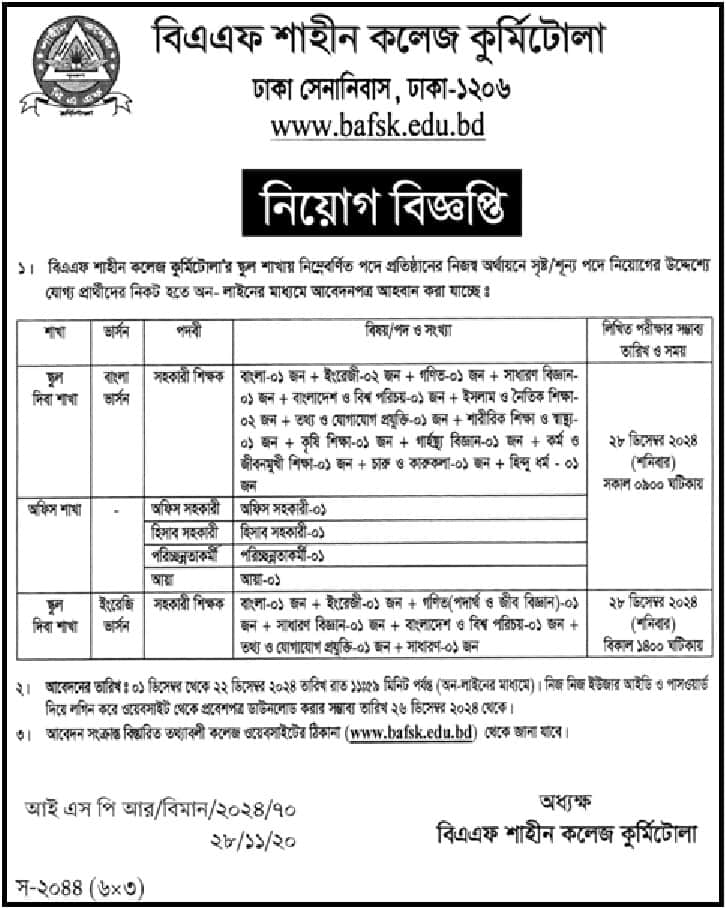 BAF SHAHEEN SCHOOL AND COLLEGE Job Circular