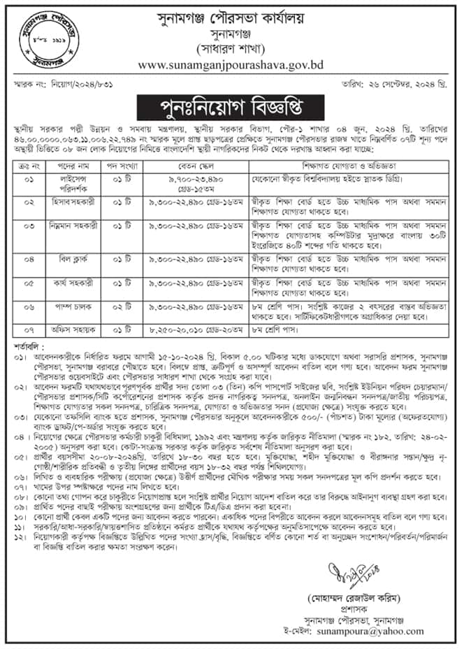 Sunamganj Municipality Job Circular 