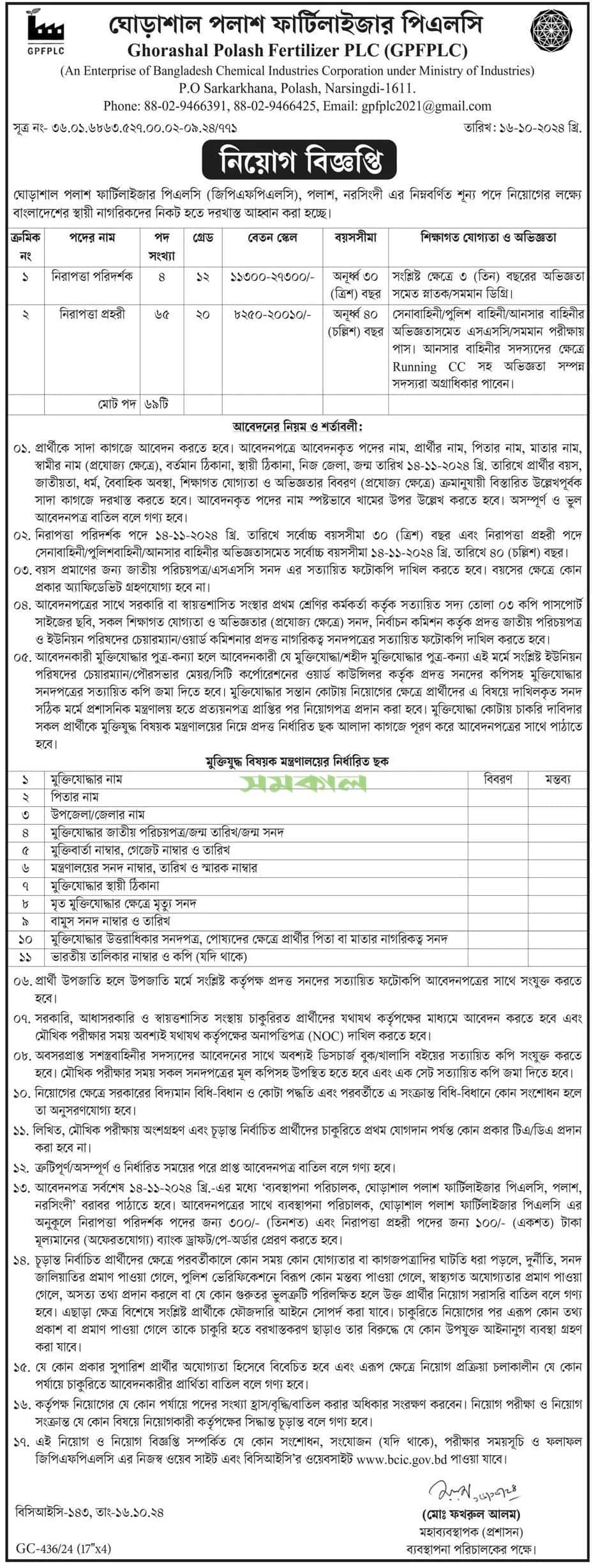 Ghorasal Polash Urea Fertilizer PLC Job Circular 