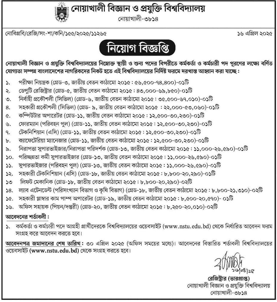 Noakhali Science and Technology University Job Circular