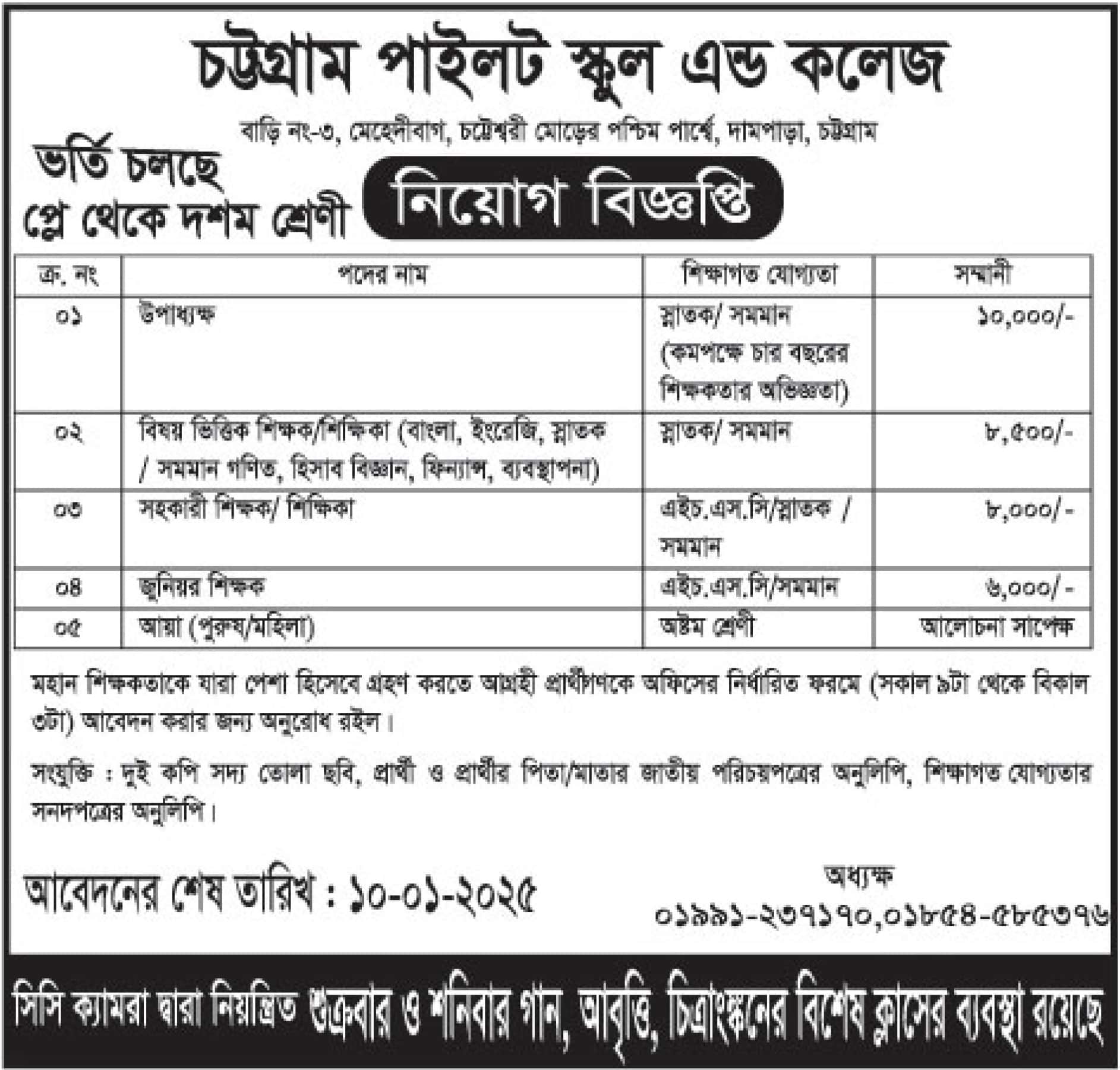 Chottagram Pilot School And College Job Circular 