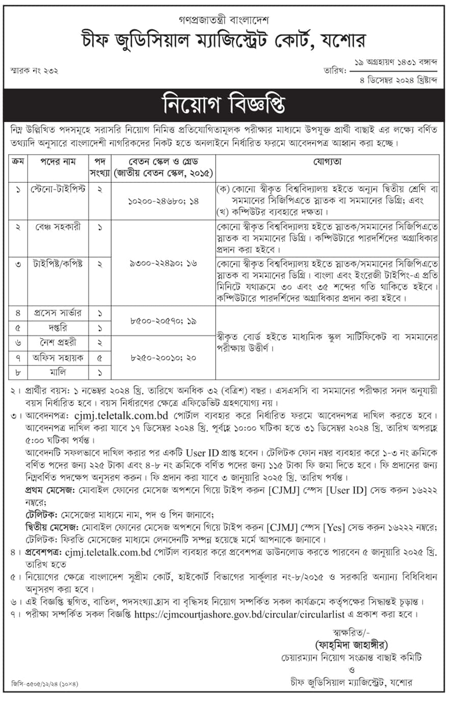 Jessore Chief Judicial Magistrate Court Job Circular 