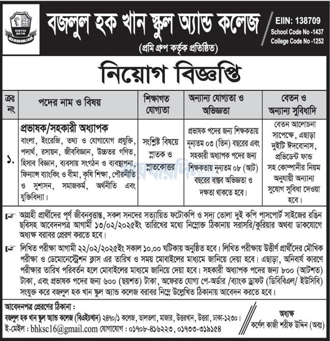 Bazlul Huq Khan School And College Job Circular 