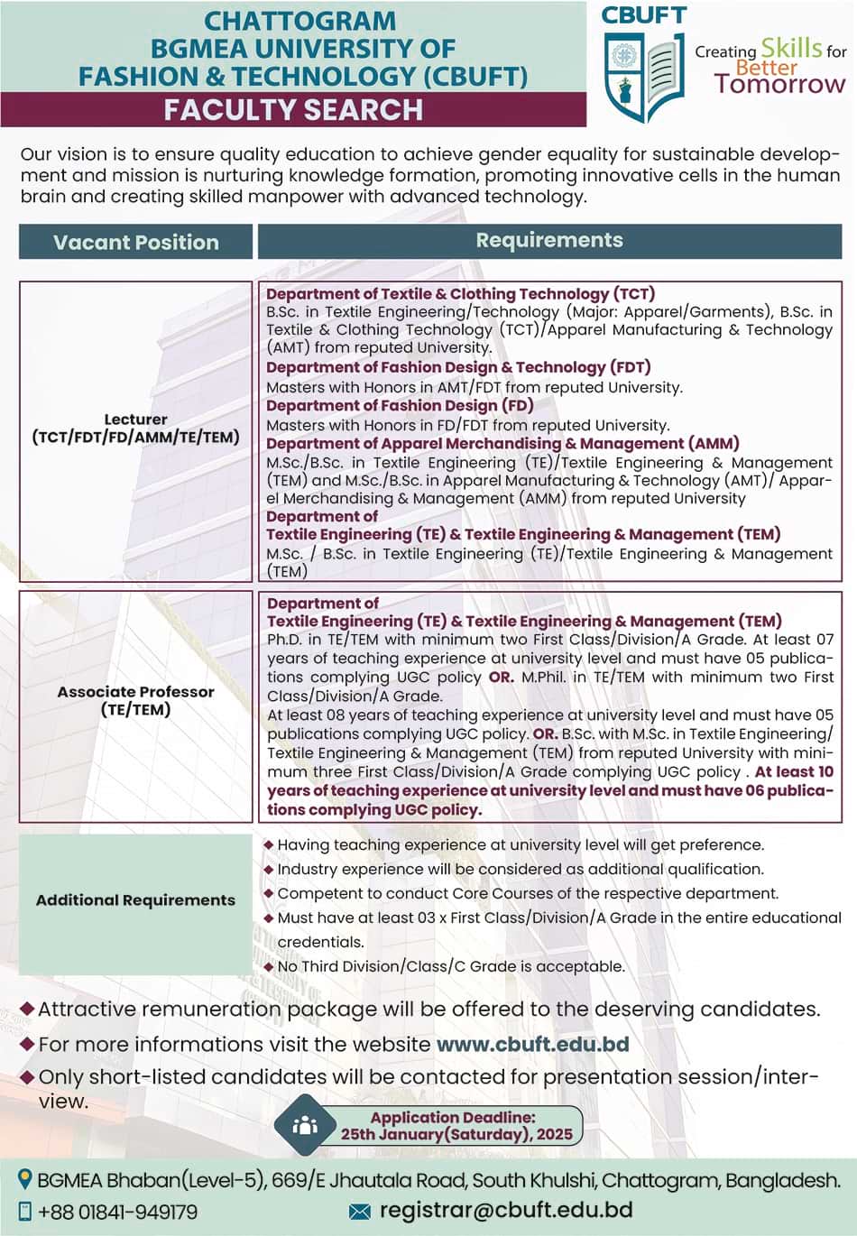 Chattogram BGMEA University of Fashion And Technology Job Circular 