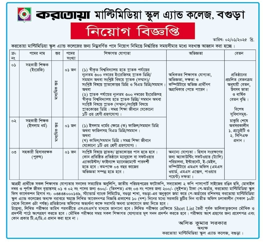 Karatoa Multimedia School and College Job Circular 